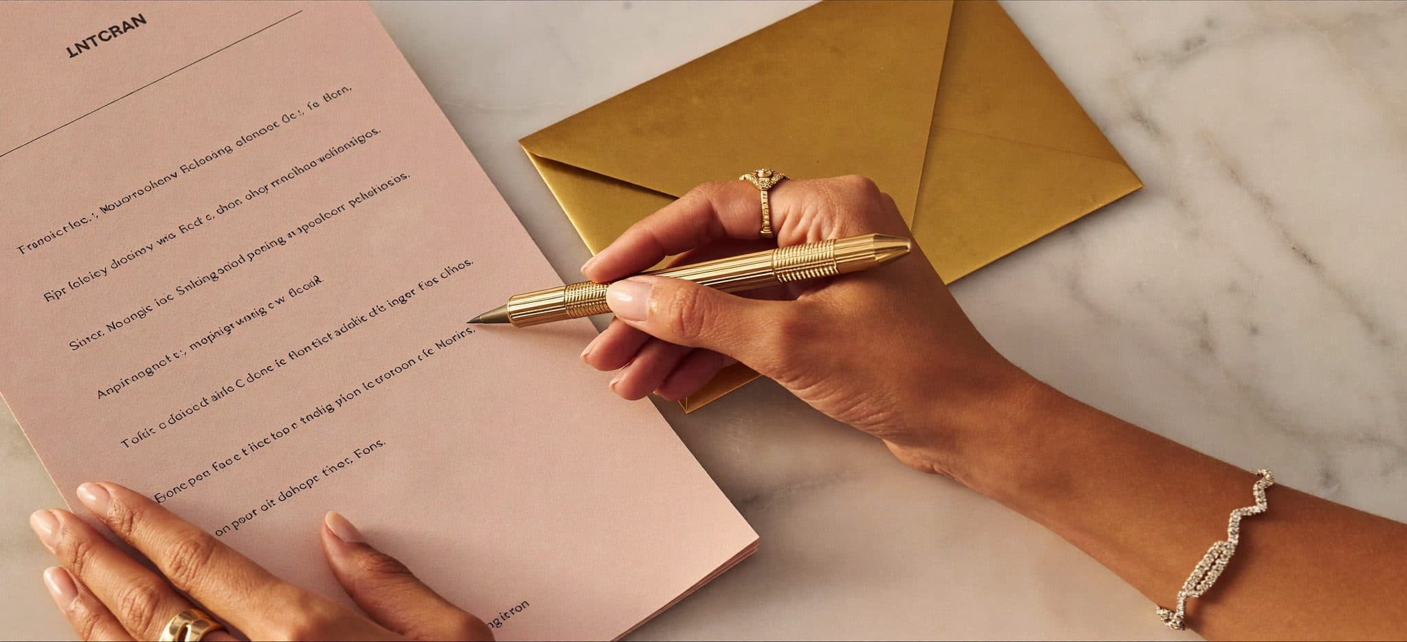 Stylo-plume doré vintage sur parchemin crème avec sceau de cire dorée et pétales de rose sur marbre, métaphore de la signature d'un brand deal